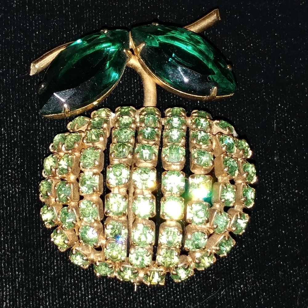 Vintage Uranium Glass Green Rhinestone Apple Brooch